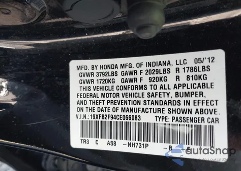 2012 Honda Civic Ex-L z USA, uszkodzony, nr VIN 19XFB2F94CE066083